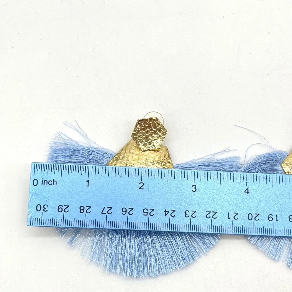 Hammered Gold Geometric Light‎ Blue Fan Tassel Statement Earrings Boho Drop